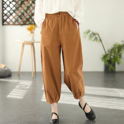 Spring Retro Loose Casual Solid Cotton Linen Pants Feb 2023 New Arrival Orange One Size 