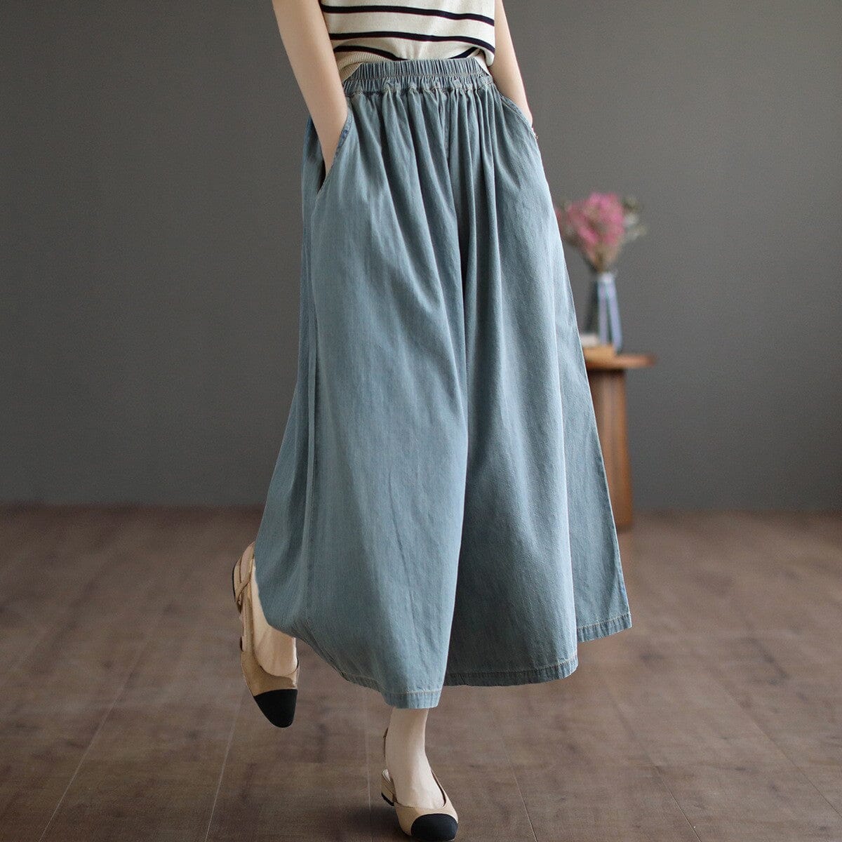 Spring Retro Loose Casual Solid Denim Wide Leg Jeans Mar 2023 New Arrival Light Blue One Size 