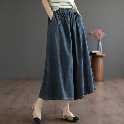 Spring Retro Loose Casual Solid Denim Wide Leg Jeans Mar 2023 New Arrival Navy One Size 