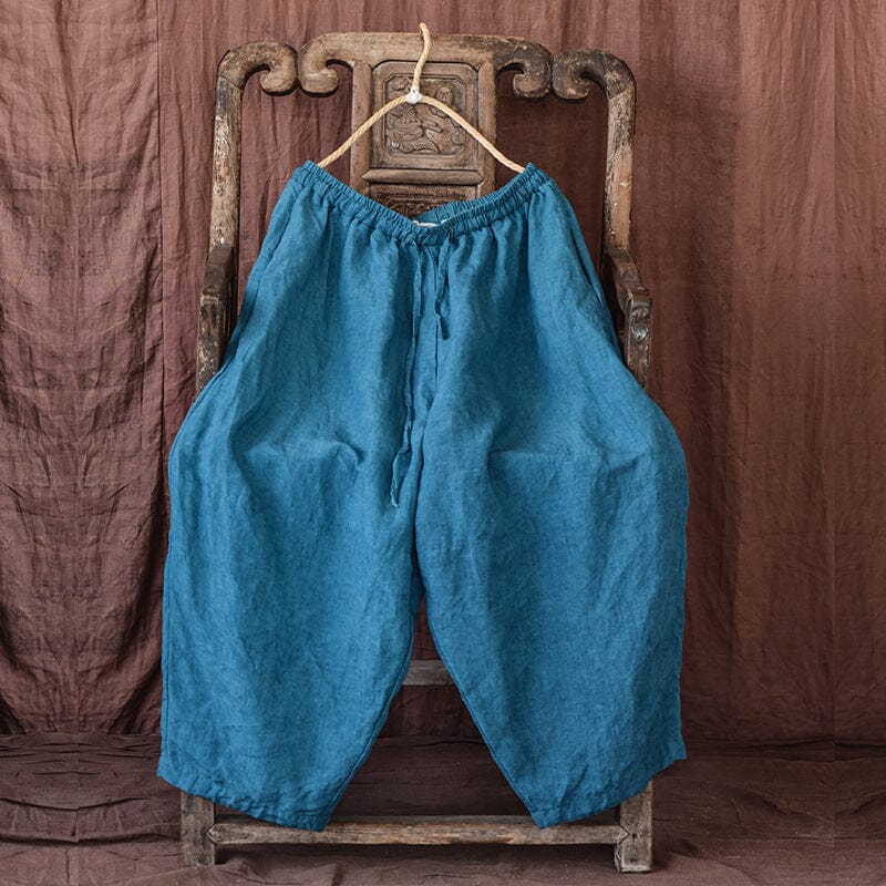 Spring Retro Loose Linen Casual Wide Leg Pants Mar 2023 New Arrival Blue One Size 