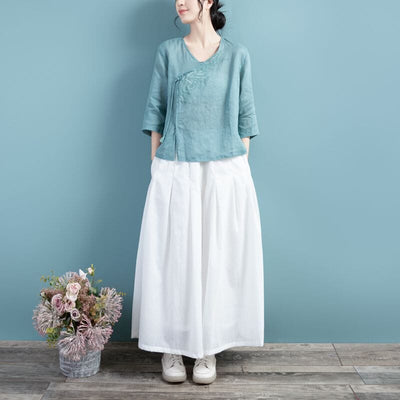 Spring Retro Loose Linen Embroidery Casual Blouse Mar 2023 New Arrival 