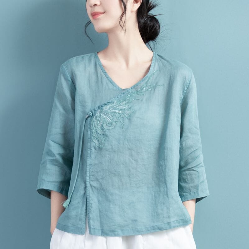 Spring Retro Loose Linen Embroidery Casual Blouse Mar 2023 New Arrival 