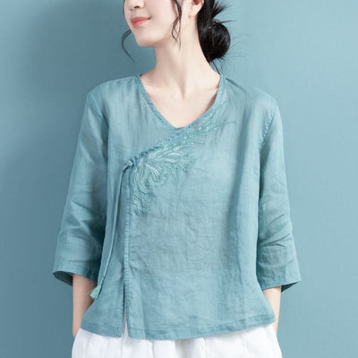 Spring Retro Loose Linen Embroidery Casual Blouse Mar 2023 New Arrival One Size Blue 