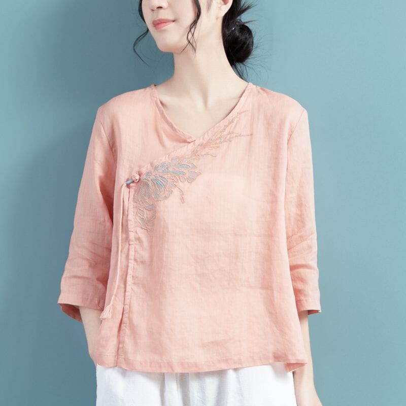 Spring Retro Loose Linen Embroidery Casual Blouse Mar 2023 New Arrival One Size Pink 