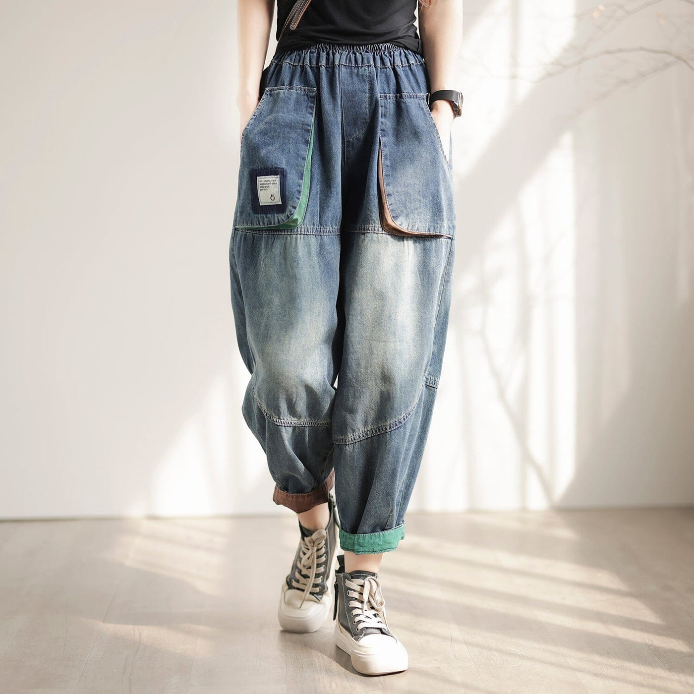 Spring Retro Loose Patchwork Casual Jeans Feb 2023 New Arrival One Size Blue 