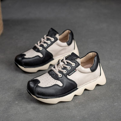 Spring Retro Patchwork Leather Casual Shoes Jan 2023 New Arrival Black 35 