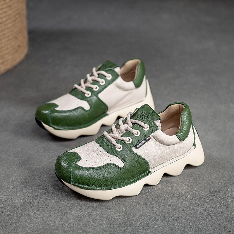 Spring Retro Patchwork Leather Casual Shoes Jan 2023 New Arrival Green 35 