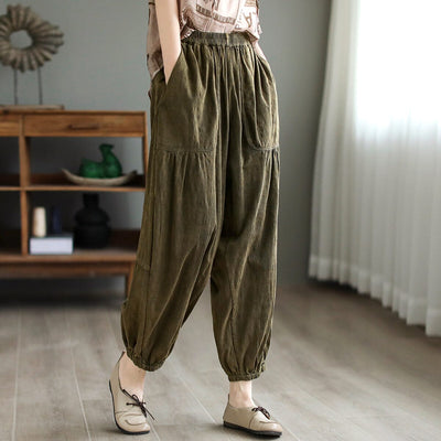 Spring Retro Pleated Cotton Linen Trousers Plus Size Mar 2023 New Arrival One Size Dark Green 