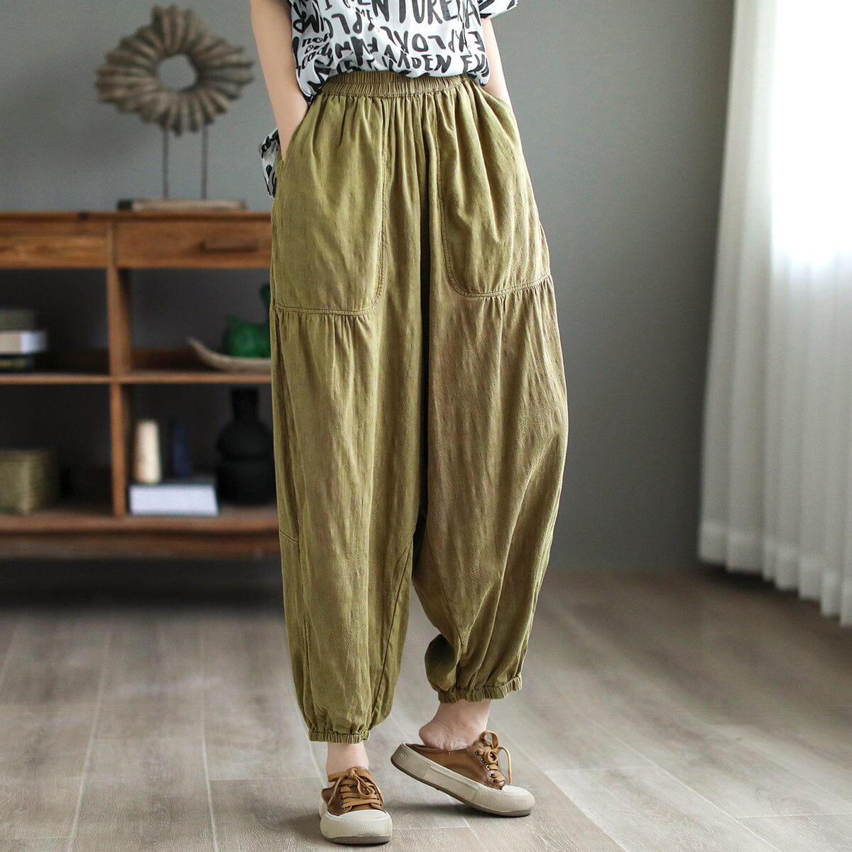 Spring Retro Pleated Cotton Linen Trousers Plus Size Mar 2023 New Arrival One Size Light Green 
