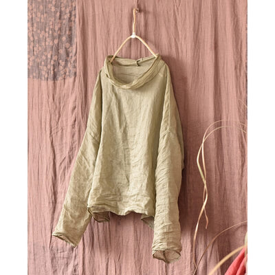 Spring Retro Pleated Linen Loose Casual T-Shirt Feb 2023 New Arrival Apricot One Size 