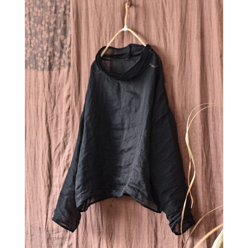 Spring Retro Pleated Linen Loose Casual T-Shirt Feb 2023 New Arrival Black One Size 