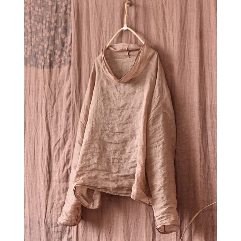 Spring Retro Pleated Linen Loose Casual T-Shirt Feb 2023 New Arrival Pink One Size 
