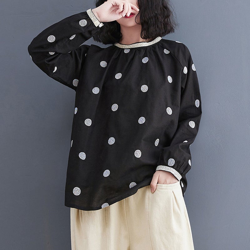 Spring Retro Polka Dot Loose Casual Linen Blouse Dec 2021 New Arrival One Size Black 