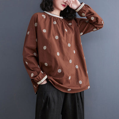 Spring Retro Polka Dot Loose Casual Linen Blouse Dec 2021 New Arrival One Size Coffee 