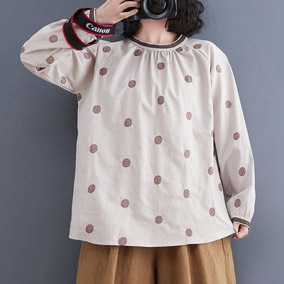 Spring Retro Polka Dot Loose Casual Linen Blouse Dec 2021 New Arrival One Size Off White 