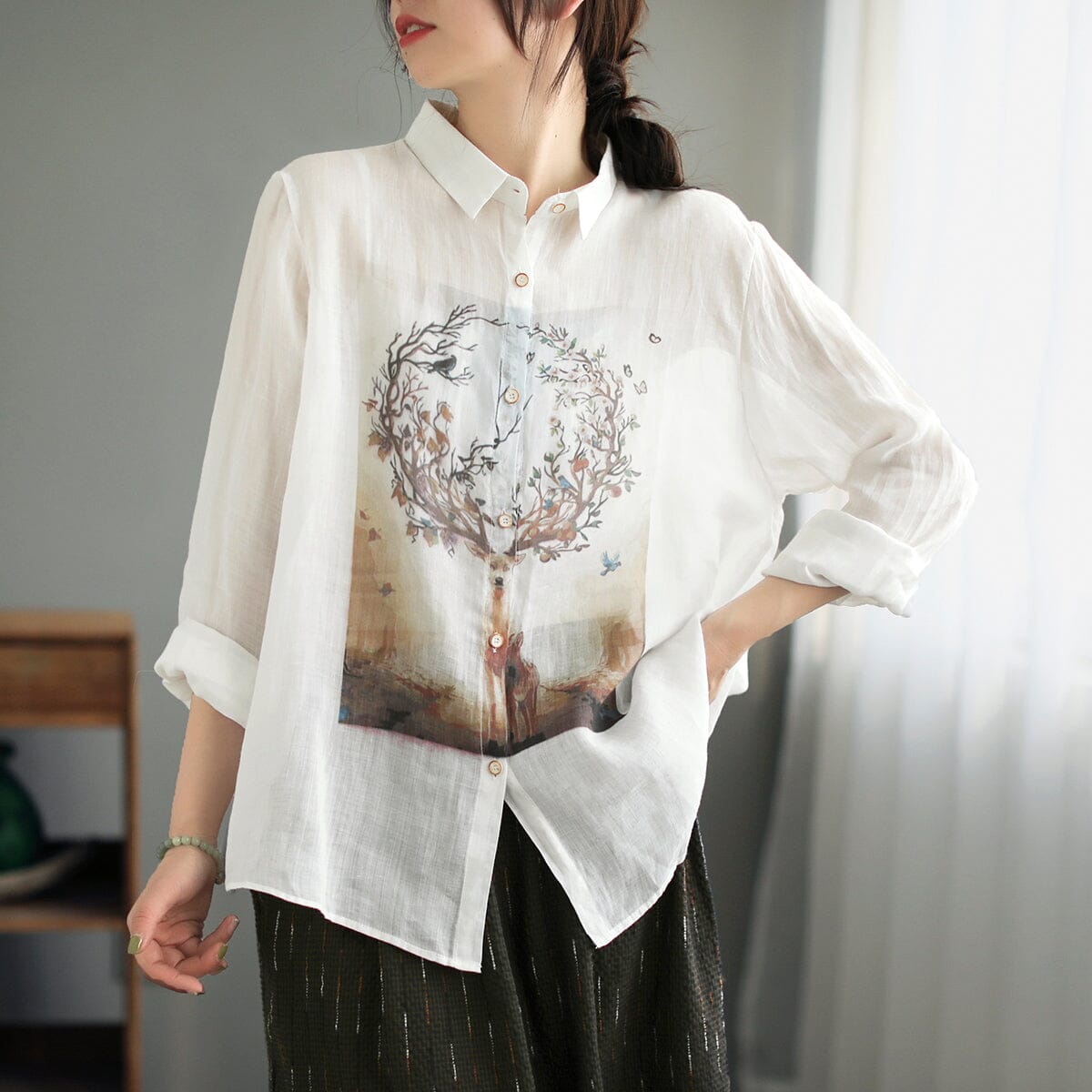 Spring Retro Print Thin Linen Casual Blouse Mar 2023 New Arrival 