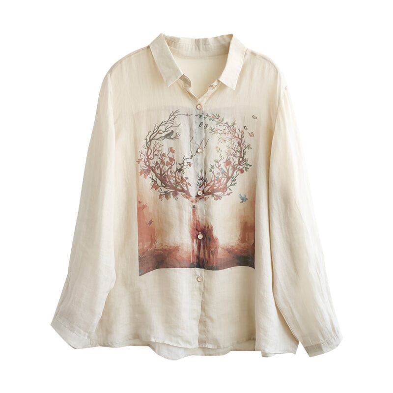 Spring Retro Print Thin Linen Casual Blouse Mar 2023 New Arrival 