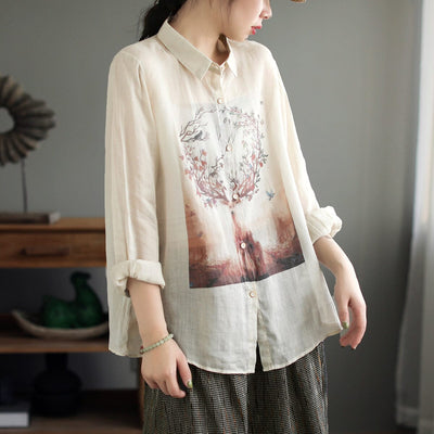 Spring Retro Print Thin Linen Casual Blouse Mar 2023 New Arrival One Size Beige 