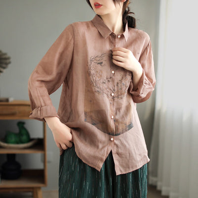 Spring Retro Print Thin Linen Casual Blouse Mar 2023 New Arrival One Size Pink 