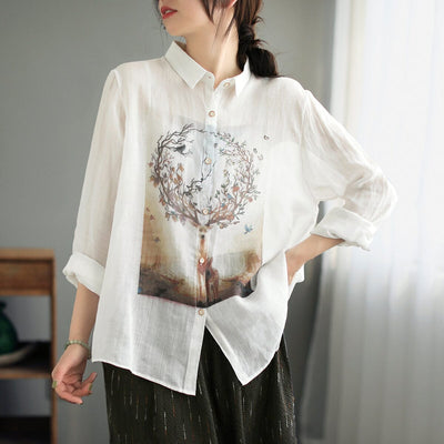 Spring Retro Print Thin Linen Casual Blouse Mar 2023 New Arrival One Size White 