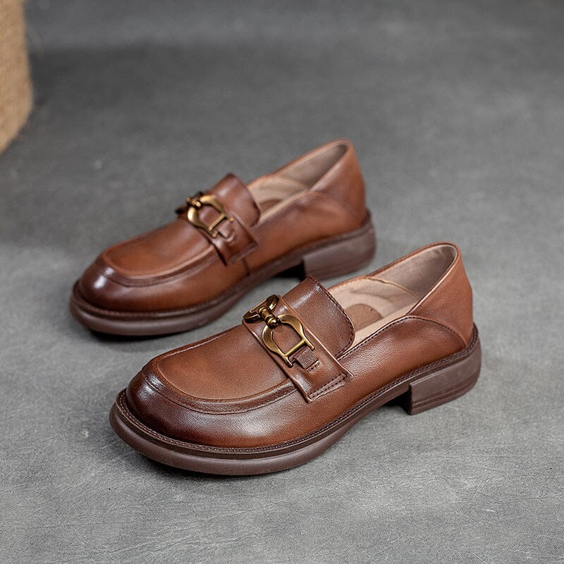 Spring Retro Round Head Leather Loafers Jan 2023 New Arrival Brown 35 