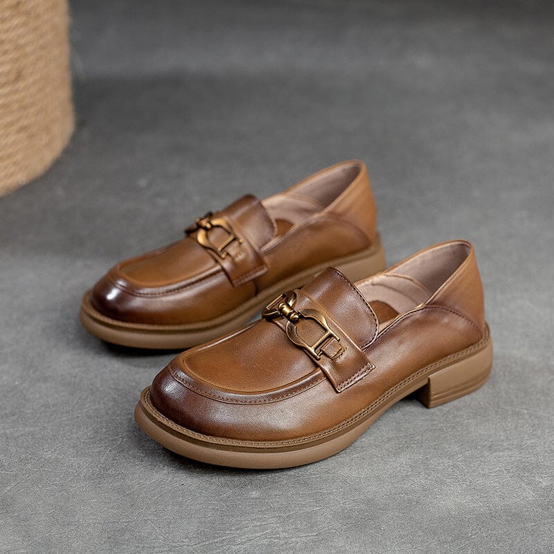 Spring Retro Round Head Leather Loafers Jan 2023 New Arrival Khaki 35 