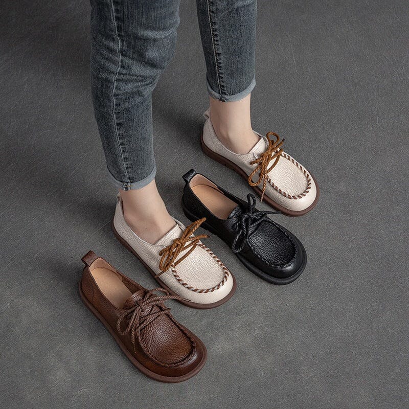 Spring Retro Soft Leather Lace Up Casual Shoes