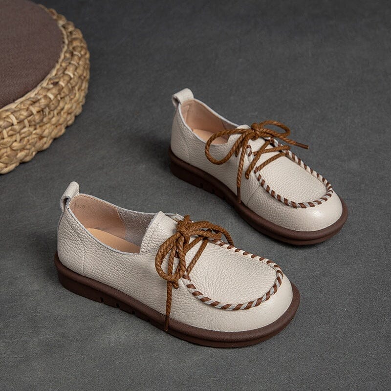 Spring Retro Soft Leather Lace Up Casual Shoes Feb 2023 New Arrival Beige 35 
