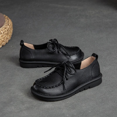 Spring Retro Soft Leather Lace Up Casual Shoes Feb 2023 New Arrival Black 35 
