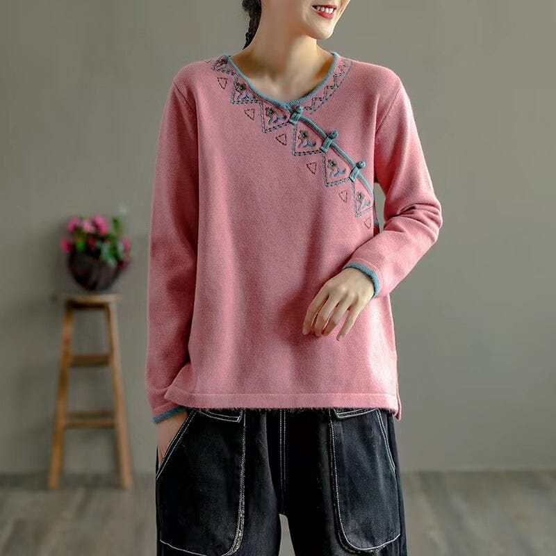 Spring Retro Soft V-Neck Irregular Collar Sweater Jan 2023 New Arrival Pink One Size 