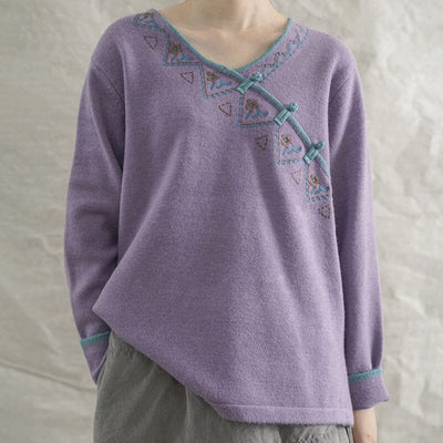 Spring Retro Soft V-Neck Irregular Collar Sweater Jan 2023 New Arrival Purple One Size 