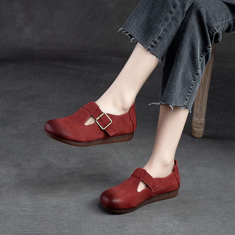 Spring Retro Solid Leather Buckled Flat Casual Shoes