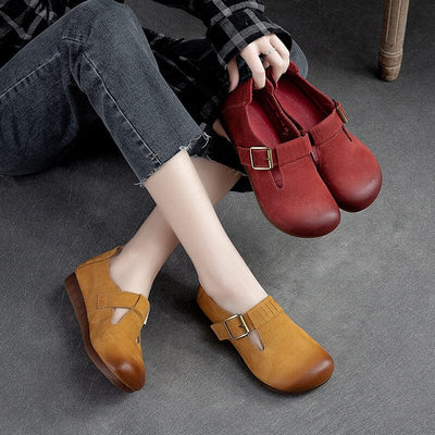 Spring Retro Solid Leather Buckled Flat Casual Shoes Jan 2023 New Arrival 