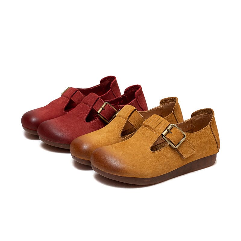 Spring Retro Solid Leather Buckled Flat Casual Shoes Jan 2023 New Arrival 