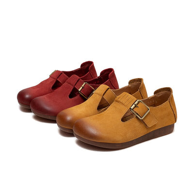 Spring Retro Solid Leather Buckled Flat Casual Shoes