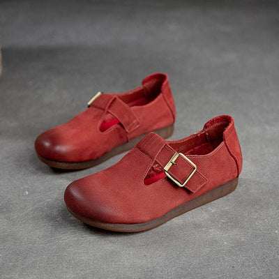 Spring Retro Solid Leather Buckled Flat Casual Shoes Jan 2023 New Arrival Red 35 