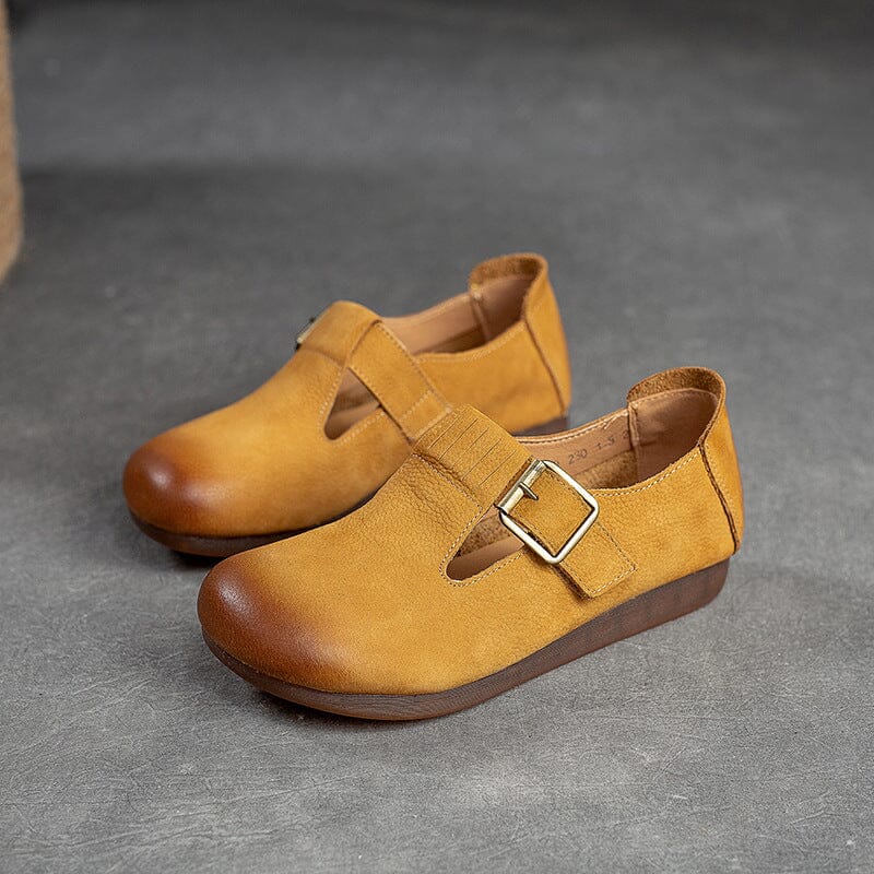Spring Retro Solid Leather Buckled Flat Casual Shoes Jan 2023 New Arrival Yellow 35 