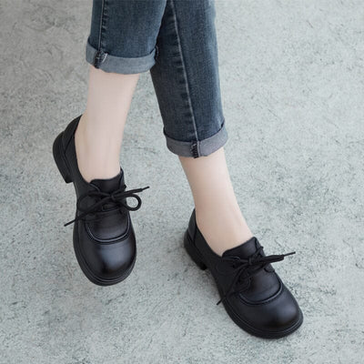 Spring Retro Solid Leather Lug Sole Casual Shoes Feb 2023 New Arrival 35 Black 