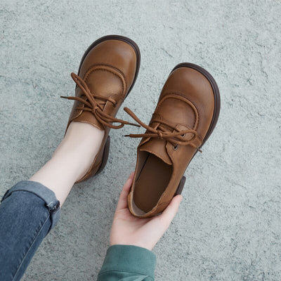 Spring Retro Solid Leather Lug Sole Casual Shoes