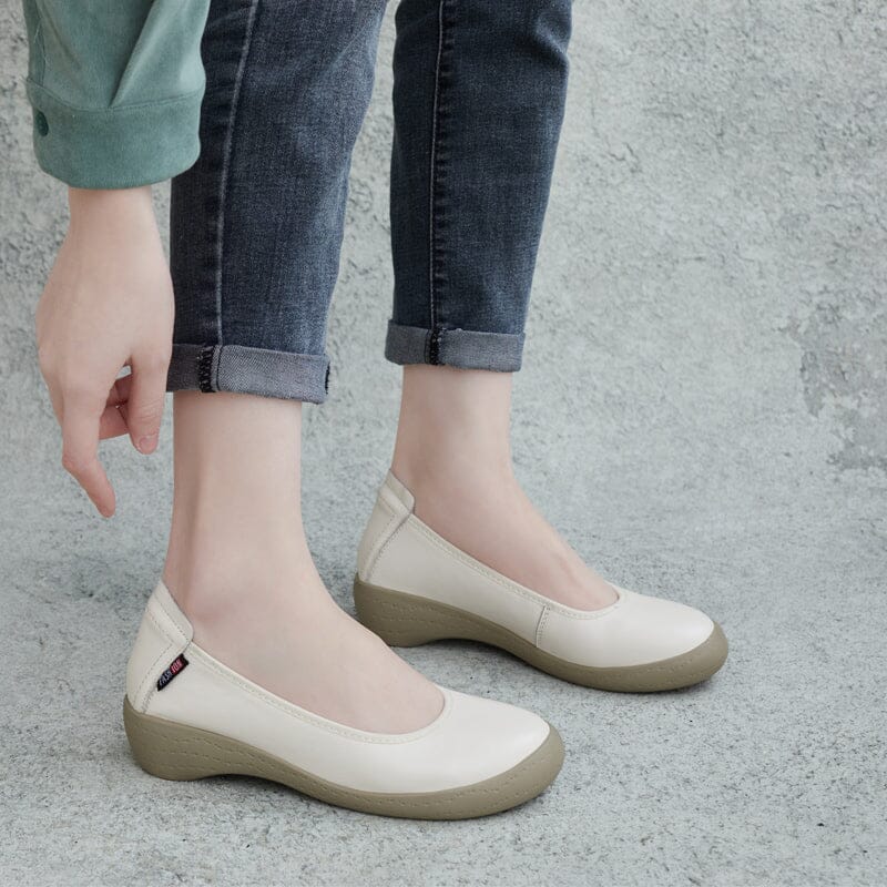Spring Retro Solid Leather Wedge Casual Shoes