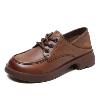 Spring Retro Solid Soft Leather Lug Sole Casual Shoes