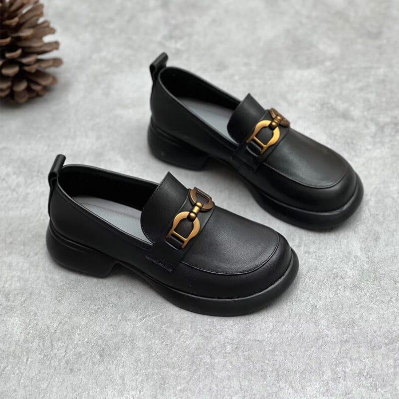 Spring Retro Solid Soft Leather Lug Sole Loafers Mar 2023 New Arrival Black 35 