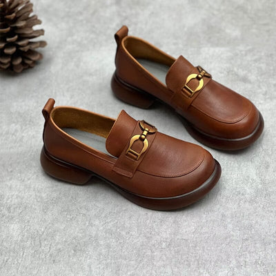 Spring Retro Solid Soft Leather Lug Sole Loafers