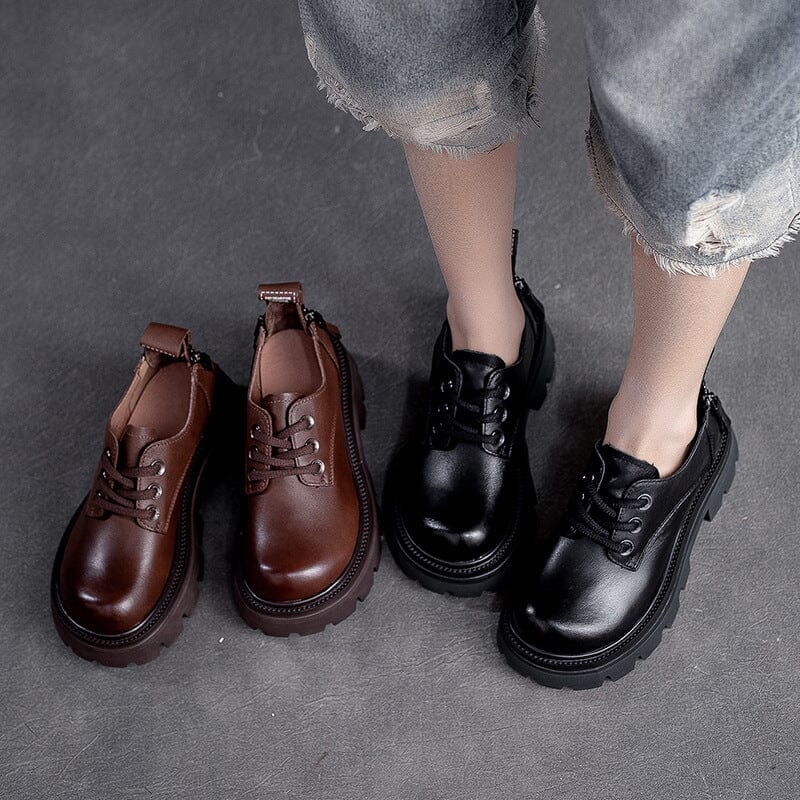 Spring Retro Women Leather Thick Sole Casual Shoes Dec 2022 New Arrival 