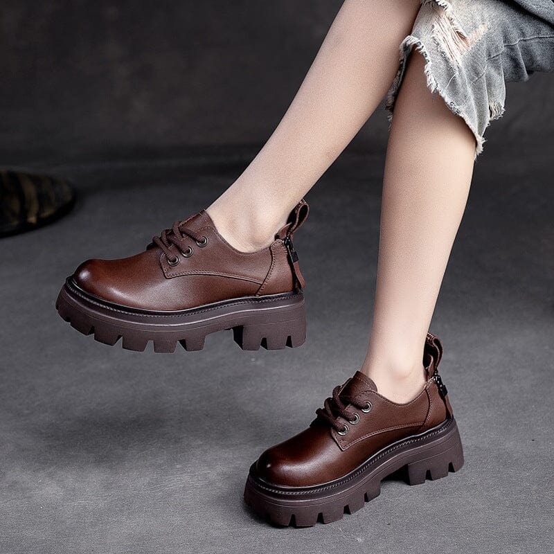 Spring Retro Women Leather Thick Sole Casual Shoes Dec 2022 New Arrival 