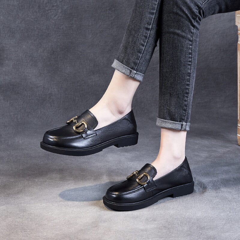 Spring Soft Leather Buckle Lug Sole Loafers
