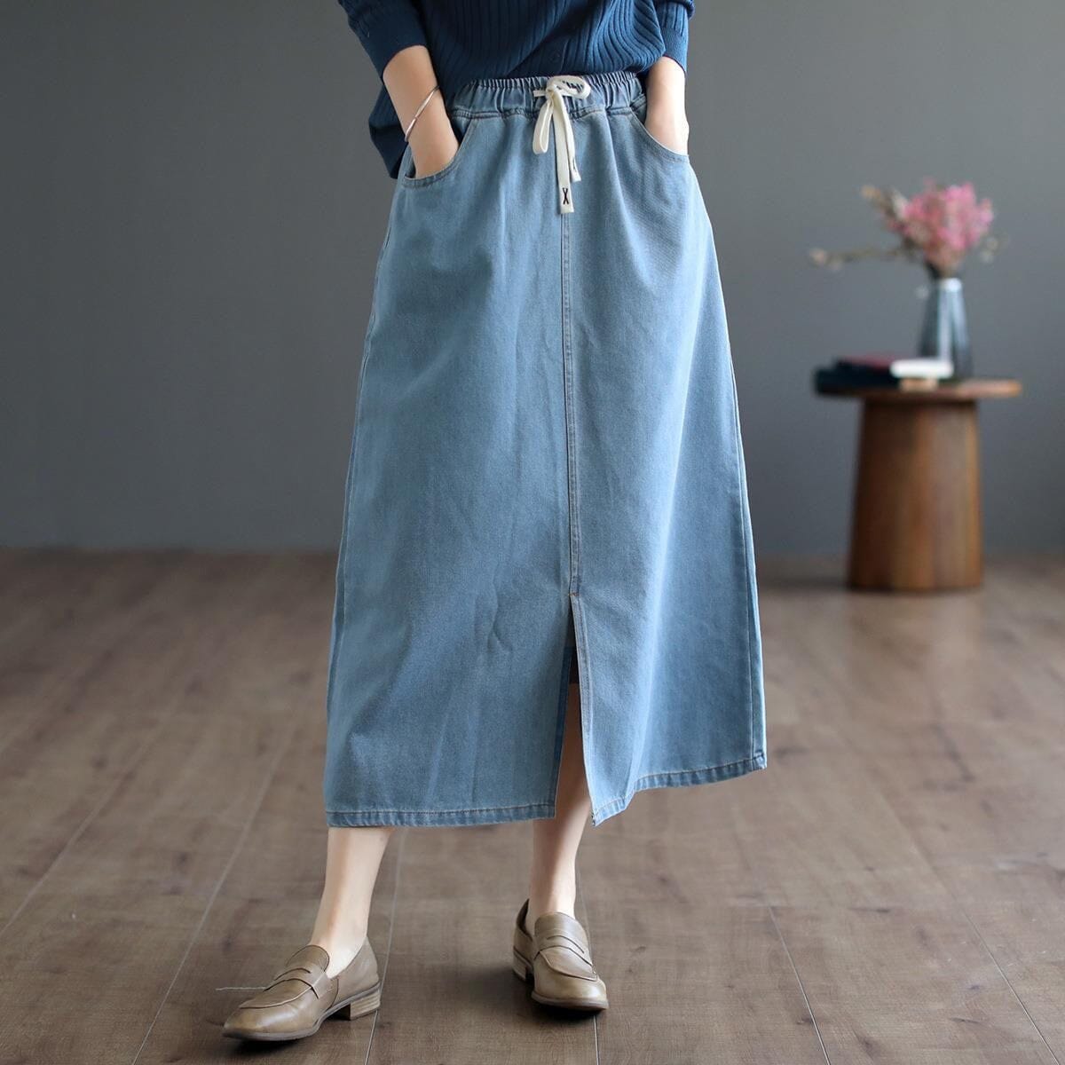 Spring Solid Casual Split Loose Denim Skirt May 2023 New Arrival Light Blue One Size 