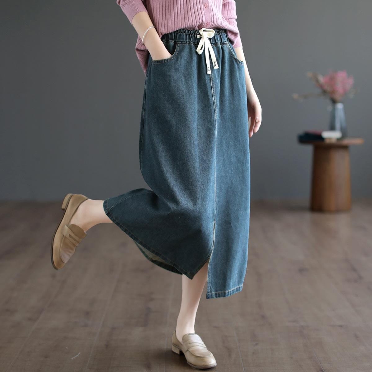 Spring Solid Casual Split Loose Denim Skirt May 2023 New Arrival Navy One Size 
