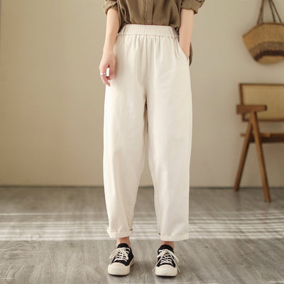 Spring Solid Loose Casual Cotton Harem Pants Feb 2023 New Arrival One Size Beige 