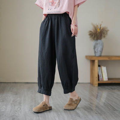 Spring Solid Loose Casual Linen Harem Pants Mar 2023 New Arrival One Size Black 